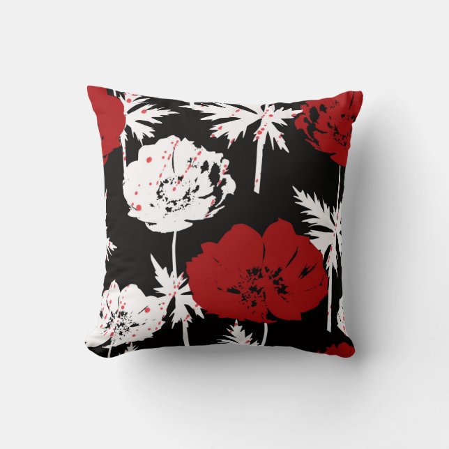 Red, white flowers on black . cushion (Front)