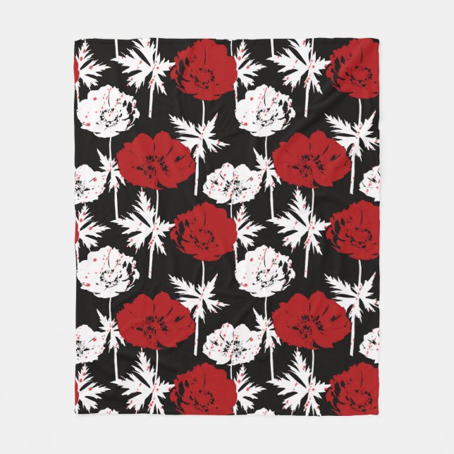 Red, white flowers on black  fleece blanket (Front)
