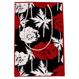 Red, white flowers on black. medium gift bag