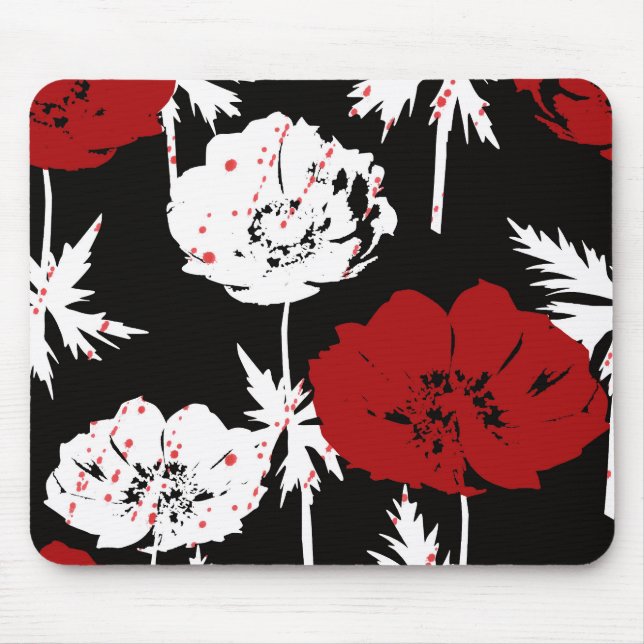 Red, white flowers on black. mouse mat (Front)