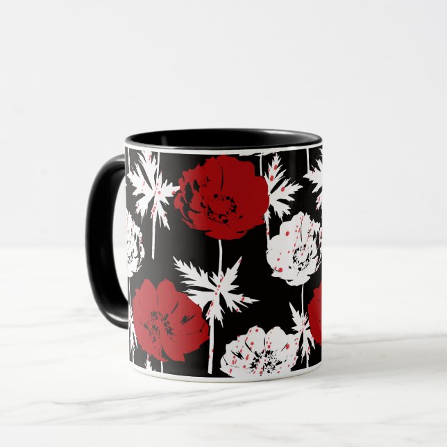Red, white flowers on black  mug (Front Left)