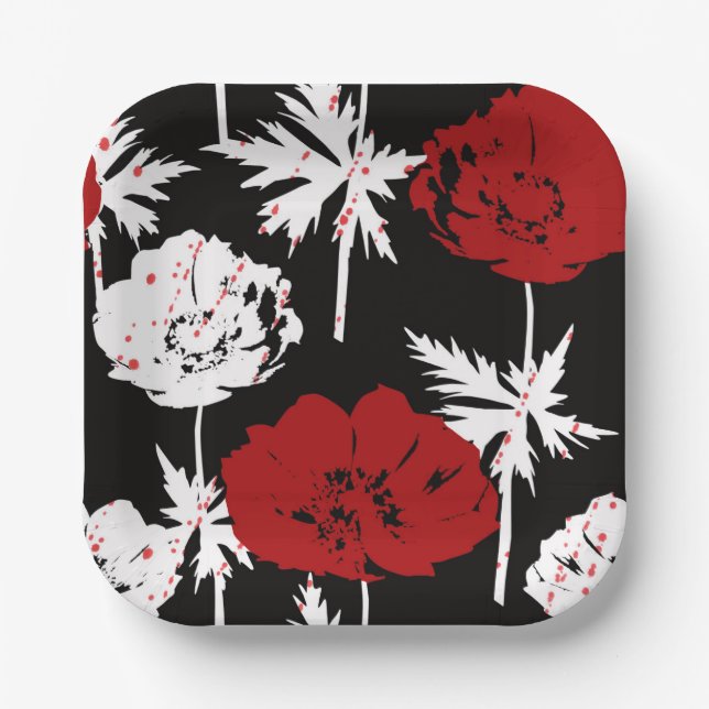 Red, white flowers on black. paper plate (Front)