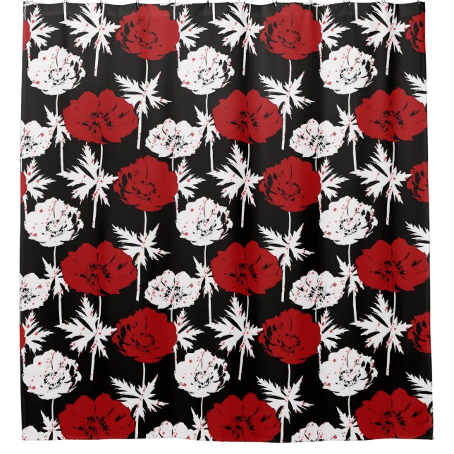 Red, white flowers on black. shower curtain (Front)