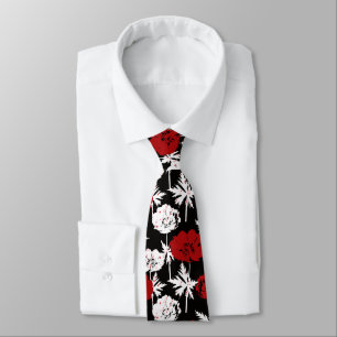Red, white flowers on black . tie