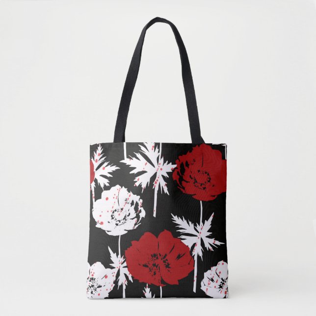 Red, white flowers on black . tote bag (Front)