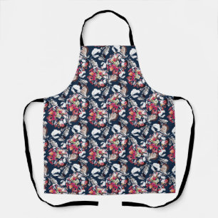 Red, white flowers on blue.  apron