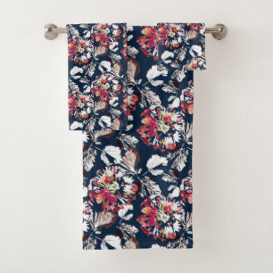 Red, white flowers on blue. bath towel set