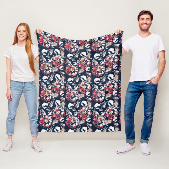 Red, white flowers on blue.  fleece blanket (In Situ)