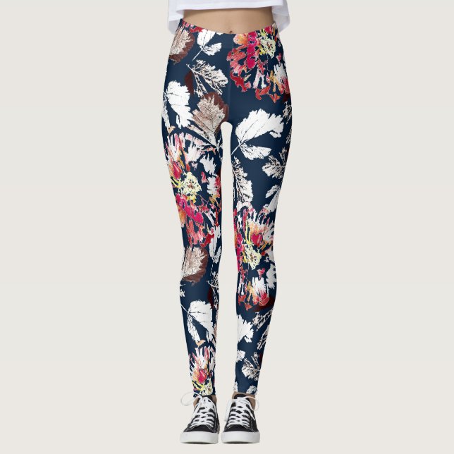 Red, white flowers on blue.  leggings (Front)