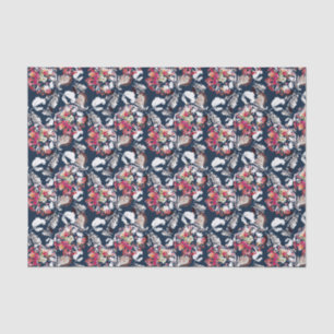 Red, white flowers on blue. tissue paper