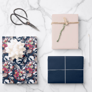 Red, white flowers on blue. wrapping paper sheet