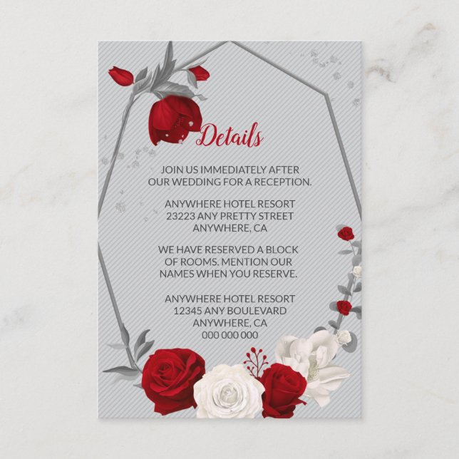Red &white flowers silver leaves geometric details enclosure card (Front)