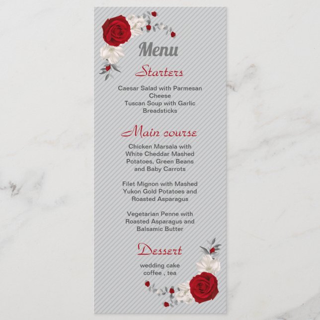 red & white flowers silver leaves wedding menu (Front)