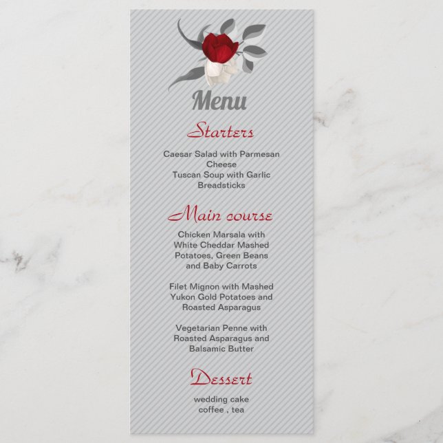 red & white flowers silver leaves wedding menu (Front)