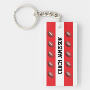 Red & White, for Football Coach or Player, Name Key Ring