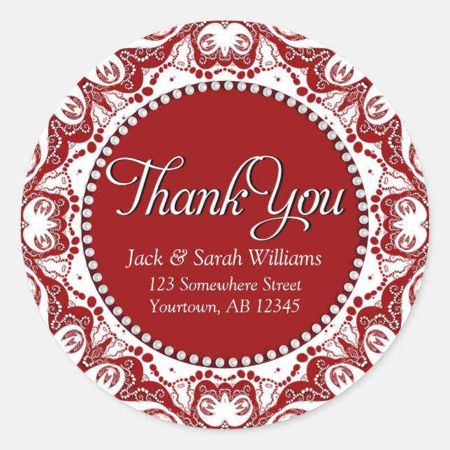 Red & White Fractal Lace Thank You Classic Round Sticker (Front)