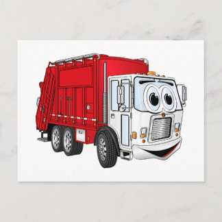 Red White Garbage Truck Cartoon Postcard