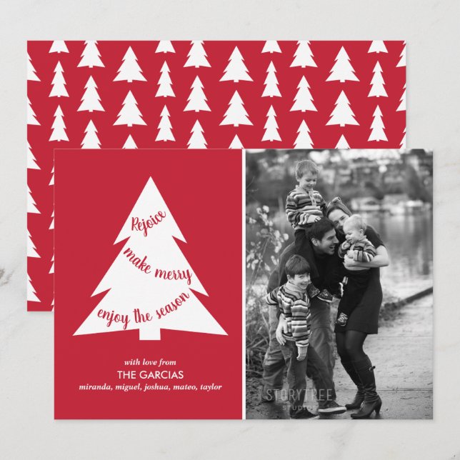 Red White Geometric Christmas Tree Custom Photo Holiday Card (Front/Back)