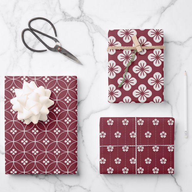 Red + White Geometric Floral Pattern | Wrapping Paper Sheet (Front)
