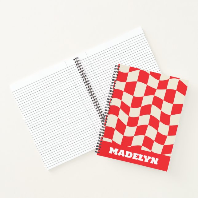 red& white geometric pattern monogram name notebook (Inside)