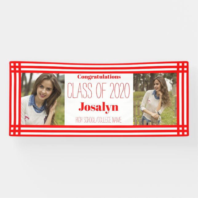 Red White Geometric Two Photos Graduation Banner (Horizontal)