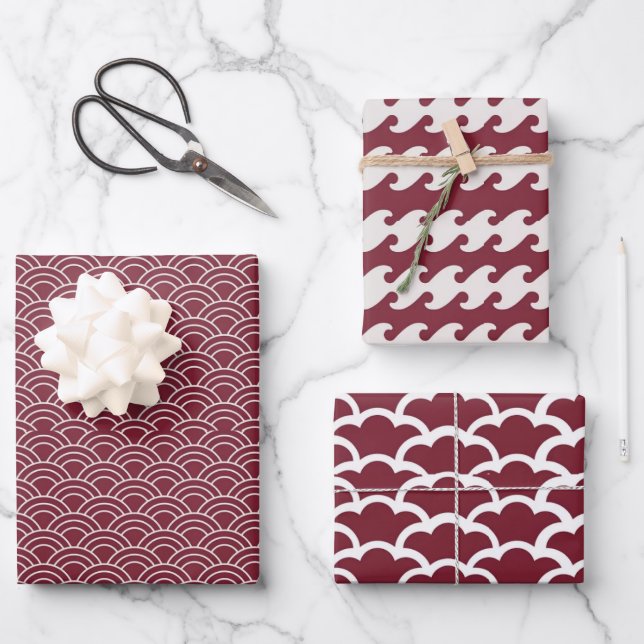 Red + White Geometric Wave Pattern  |  Wrapping Paper Sheet (Front)
