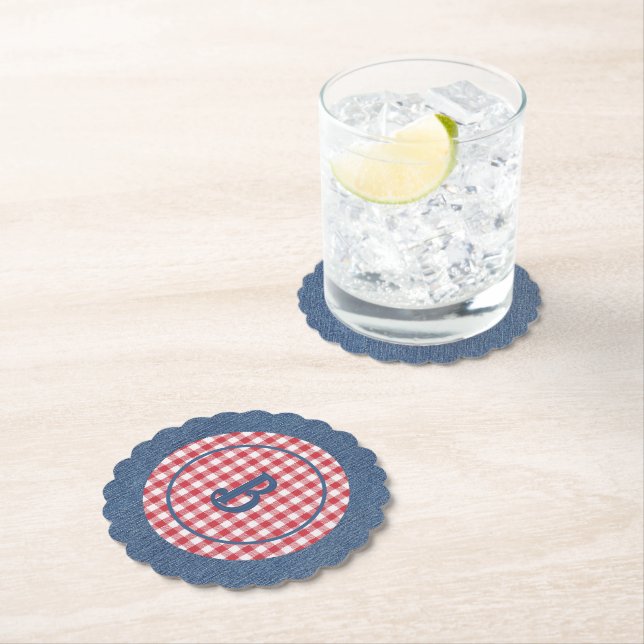 Red & White Gingham, Blue Denim Print, Initial (6) Paper Coaster (Insitu)