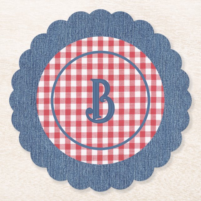 Red & White Gingham, Blue Denim Print, Initial (6) Paper Coaster (Front)