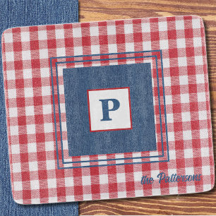 Red & White Gingham Check, Blue Denim Glass Cutting Board