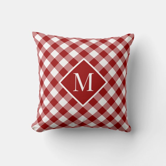 Red White Gingham Check Pattern Chic Monogram Cushion (Front)