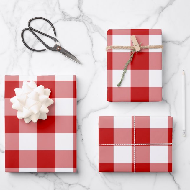 Red White Gingham Check Plaid Wrapping Paper Sheet (Front)