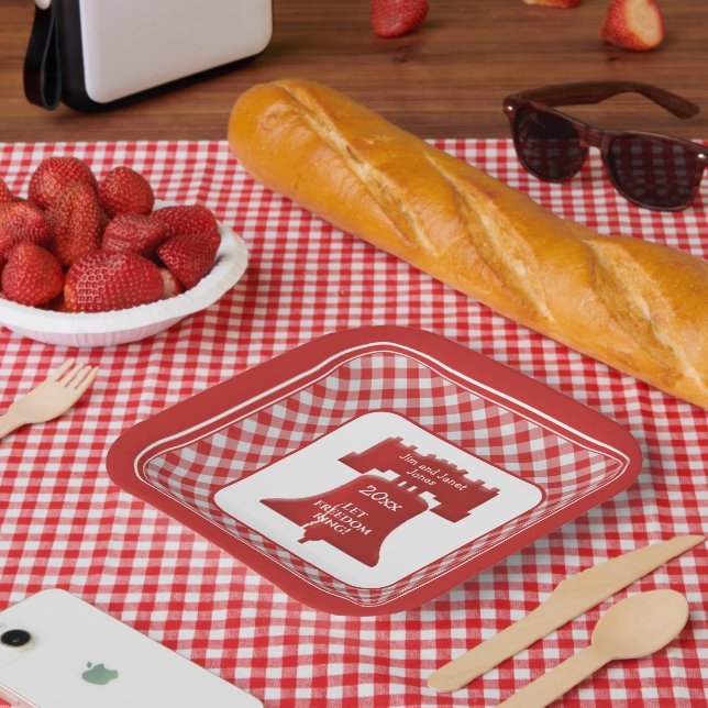 Red White Gingham Liberty Bell Let Freedom Ring Paper Plate (Picnic)