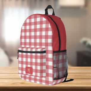 Red White Gingham Pattern Monogram Custom Printed Backpack