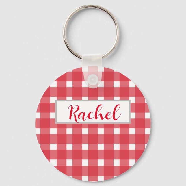 Red White Gingham Personalised  Key Ring (Front)