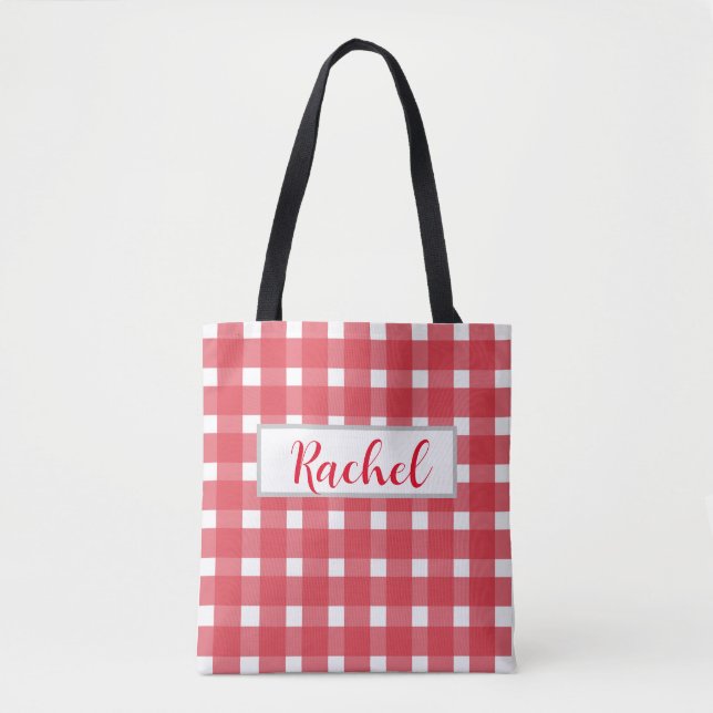 Red White Gingham Personalised Tote Bag (Front)