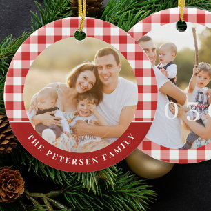Red white gingham plaid 2 photo family Christmas Ceramic Tree Decoration