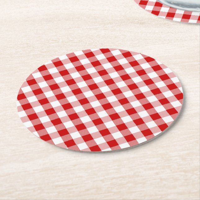 Red & White Gingham Plaid Checks Rustic Wedding Round Paper Coaster (Angled)