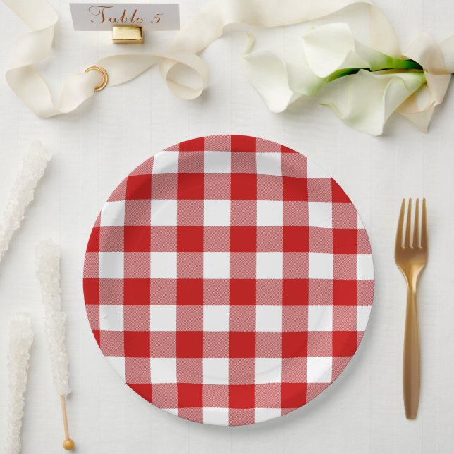 Red & White Gingham Summer Picnic Paper Plate (Wedding)