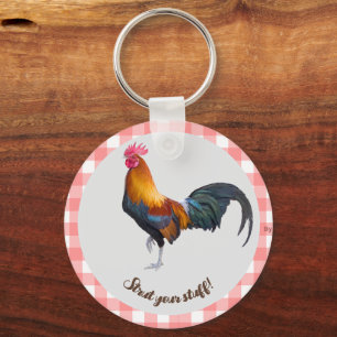 Red & White Gingham with Vintage Rooster Keychain