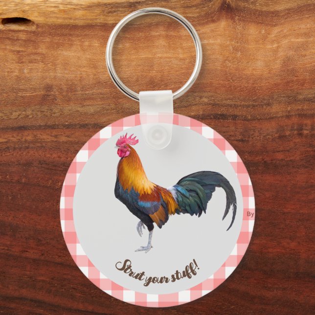 Red & White Gingham with Vintage Rooster Keychain (Front)