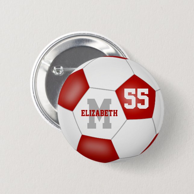 red white girls soccer personalised 6 cm round badge (Front & Back)