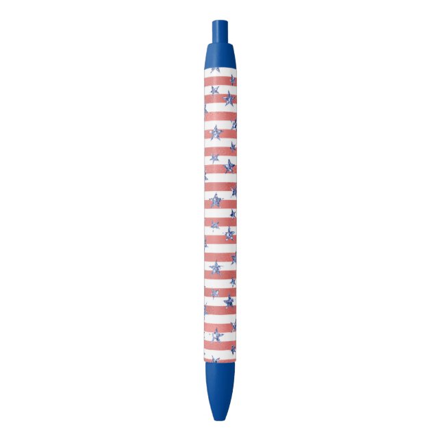 Red White Glitter Blue Stars Stripes Blue Ink Pen (Front Vertical)