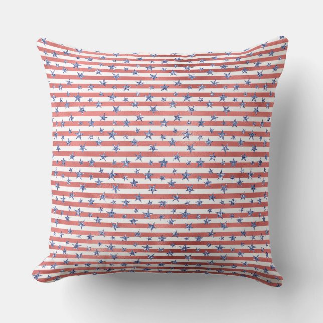 Red White Glitter Blue Stars Stripes Cushion (Front)