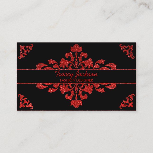 Red white glitter damask custom business cards (Front)