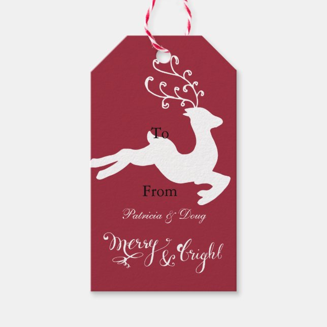 Red White Glitter Reindeer  Gift Tags (Front)
