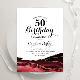 Red White Gold Agate 50th Birthday Invitation