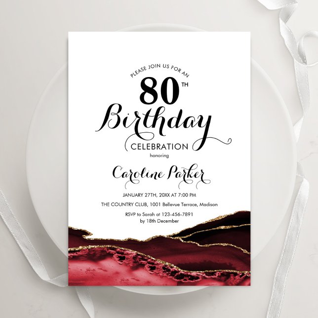 Red White Gold Agate 80th Birthday Invitation (Creator Uploaded)