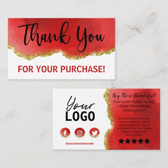 Red White Gold Agate Glitter Thank You Order Business Card (Front/Back)
