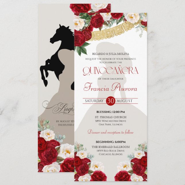 Red White Gold Blooms Papel Picado Charro Quince Invitation (Front/Back)