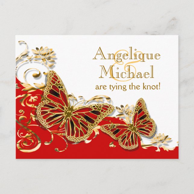 Red white gold butterfly wedding announcement postcard (Front)